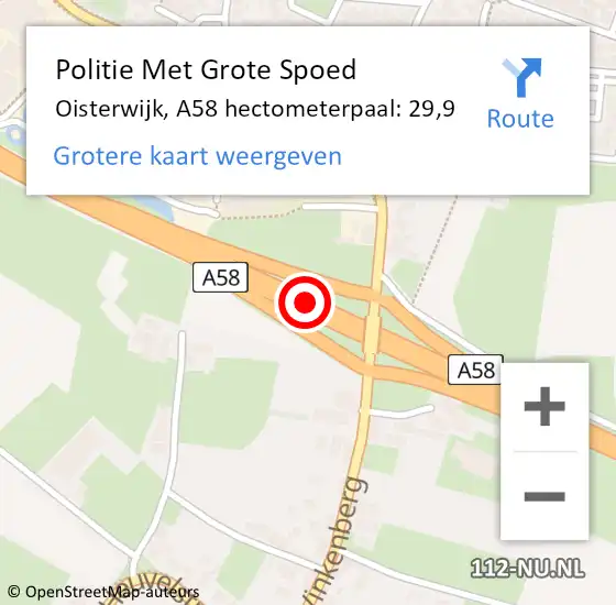 Locatie op kaart van de 112 melding: Politie Met Grote Spoed Naar Oisterwijk, A58 hectometerpaal: 29,9 op 25 april 2024 17:05
