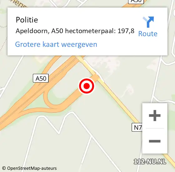Locatie op kaart van de 112 melding: Politie Apeldoorn, A50 hectometerpaal: 197,8 op 25 april 2024 17:16