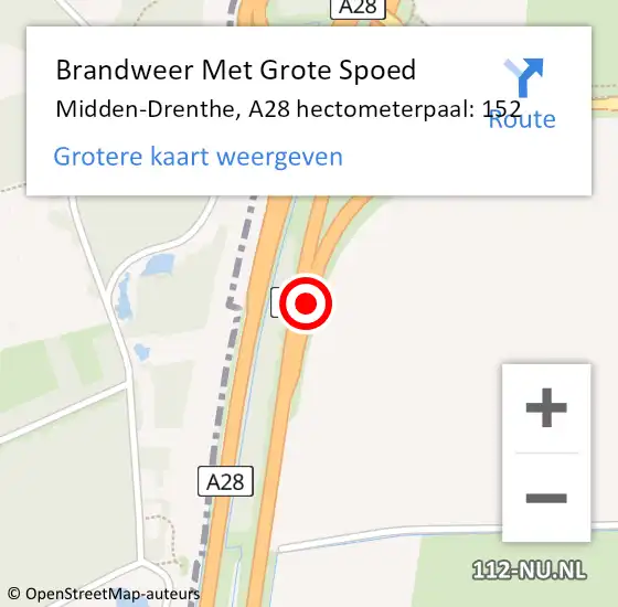 Locatie op kaart van de 112 melding: Brandweer Met Grote Spoed Naar Midden-Drenthe, A28 hectometerpaal: 152 op 25 april 2024 19:36