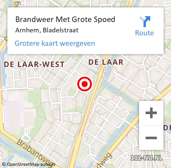 Locatie op kaart van de 112 melding: Brandweer Met Grote Spoed Naar Arnhem, Bladelstraat op 25 april 2024 22:51