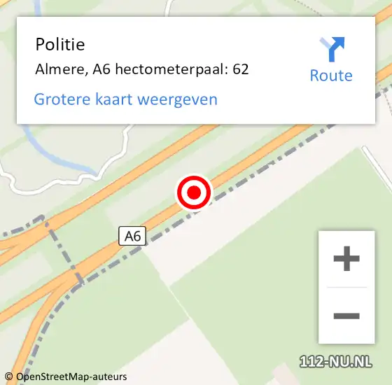Locatie op kaart van de 112 melding: Politie Almere, A6 hectometerpaal: 62 op 25 april 2024 23:11