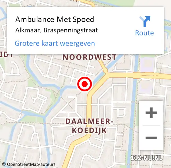 Locatie op kaart van de 112 melding: Ambulance Met Spoed Naar Alkmaar, Braspenningstraat op 26 april 2024 02:26