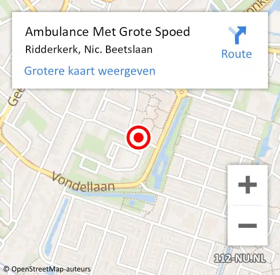 Locatie op kaart van de 112 melding: Ambulance Met Grote Spoed Naar Ridderkerk, Nic. Beetslaan op 26 april 2024 08:11
