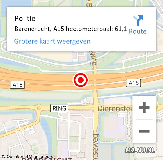 Locatie op kaart van de 112 melding: Politie Barendrecht, A15 hectometerpaal: 61,1 op 26 april 2024 08:17