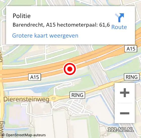 Locatie op kaart van de 112 melding: Politie Barendrecht, A15 hectometerpaal: 61,6 op 26 april 2024 08:37