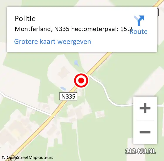 Locatie op kaart van de 112 melding: Politie Montferland, N335 hectometerpaal: 15,2 op 26 april 2024 10:51