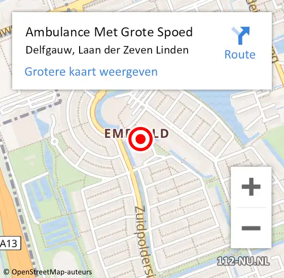 Locatie op kaart van de 112 melding: Ambulance Met Grote Spoed Naar Delfgauw, Laan der Zeven Linden op 26 april 2024 12:07