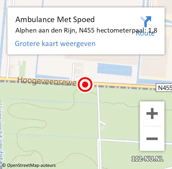 Locatie op kaart van de 112 melding: Ambulance Met Spoed Naar Alphen aan den Rijn, N455 hectometerpaal: 1,8 op 26 april 2024 13:59
