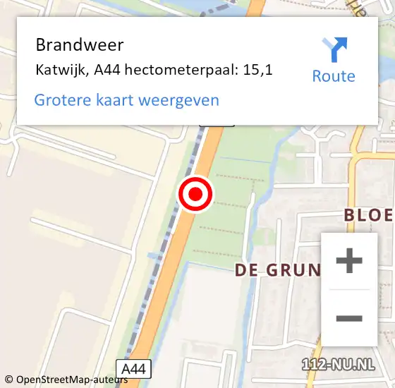 Locatie op kaart van de 112 melding: Brandweer Katwijk, A44 hectometerpaal: 15,1 op 26 april 2024 14:09