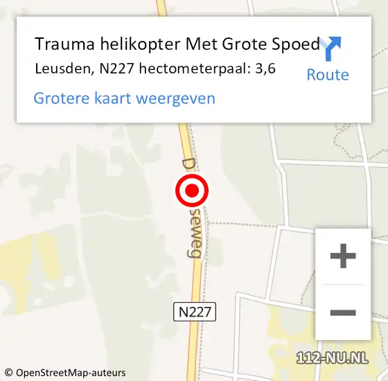 Locatie op kaart van de 112 melding: Trauma helikopter Met Grote Spoed Naar Leusden, N227 hectometerpaal: 3,6 op 26 april 2024 14:24