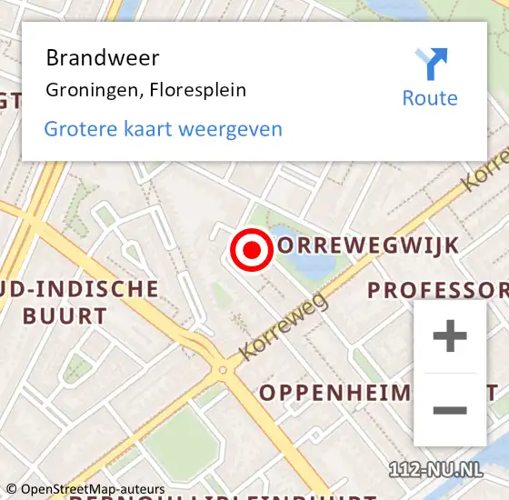 Locatie op kaart van de 112 melding: Brandweer Groningen, Floresplein op 26 april 2024 15:16