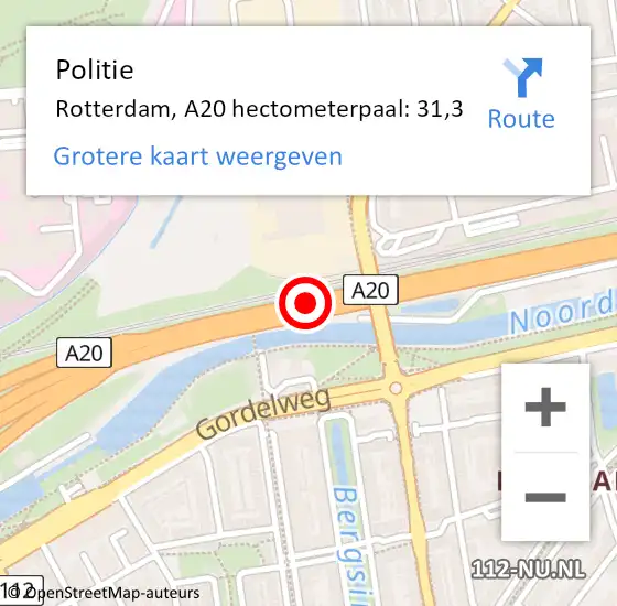 Locatie op kaart van de 112 melding: Politie Rotterdam, A20 hectometerpaal: 31,3 op 26 april 2024 15:33