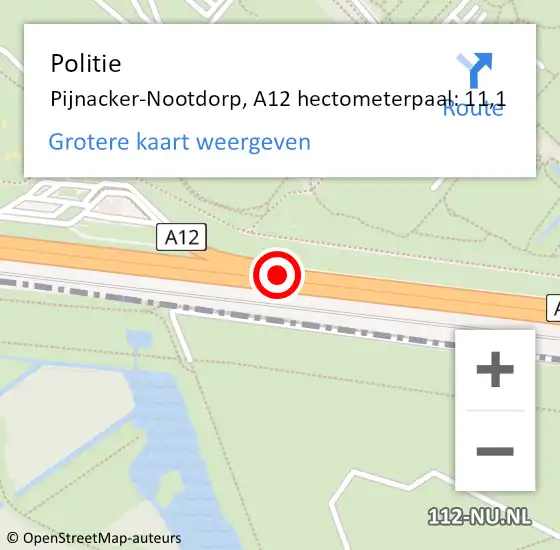 Locatie op kaart van de 112 melding: Politie Pijnacker-Nootdorp, A12 hectometerpaal: 11,1 op 26 april 2024 15:57