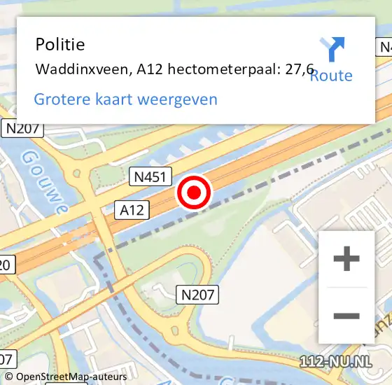 Locatie op kaart van de 112 melding: Politie Waddinxveen, A12 hectometerpaal: 27,6 op 26 april 2024 15:58