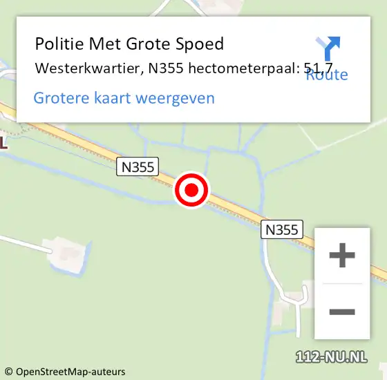 Locatie op kaart van de 112 melding: Politie Met Grote Spoed Naar Westerkwartier, N355 hectometerpaal: 51,7 op 26 april 2024 15:59