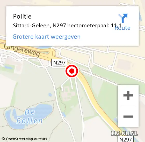Locatie op kaart van de 112 melding: Politie Sittard-Geleen, N297 hectometerpaal: 11,1 op 26 april 2024 16:02
