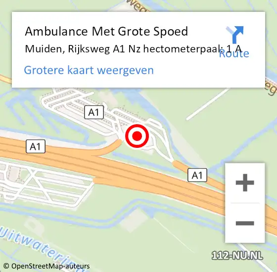 Locatie op kaart van de 112 melding: Ambulance Met Grote Spoed Naar Muiden, Rijksweg A1 Nz hectometerpaal: 1 op 3 oktober 2014 18:22