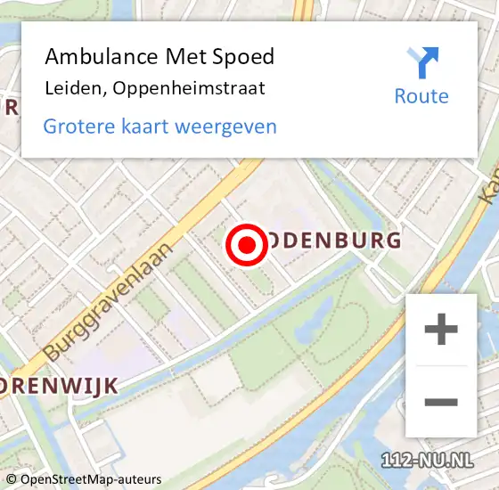 Locatie op kaart van de 112 melding: Ambulance Met Spoed Naar Leiden, Oppenheimstraat op 26 april 2024 16:29