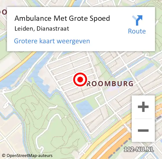 Locatie op kaart van de 112 melding: Ambulance Met Grote Spoed Naar Leiden, Dianastraat op 26 april 2024 17:16
