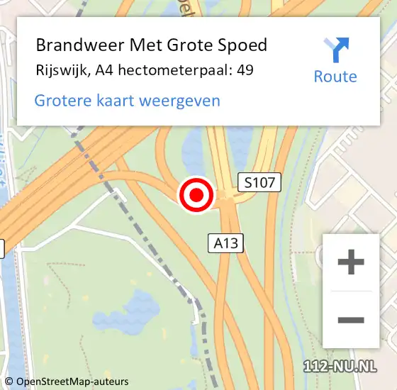 Locatie op kaart van de 112 melding: Brandweer Met Grote Spoed Naar Rijswijk, A4 hectometerpaal: 49 op 26 april 2024 17:46