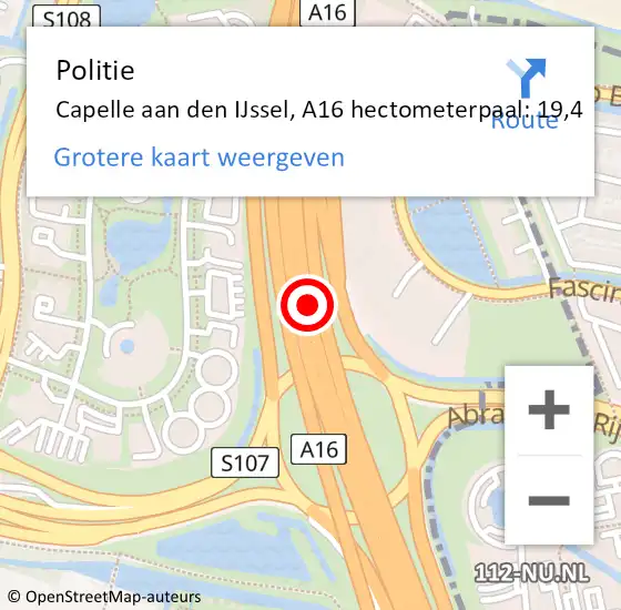 Locatie op kaart van de 112 melding: Politie Capelle aan den IJssel, A16 hectometerpaal: 19,4 op 26 april 2024 18:00