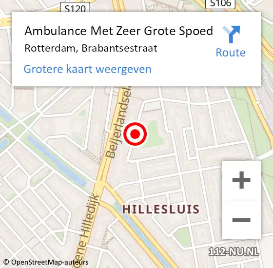 Locatie op kaart van de 112 melding: Ambulance Met Zeer Grote Spoed Naar Rotterdam, Brabantsestraat op 26 april 2024 18:05