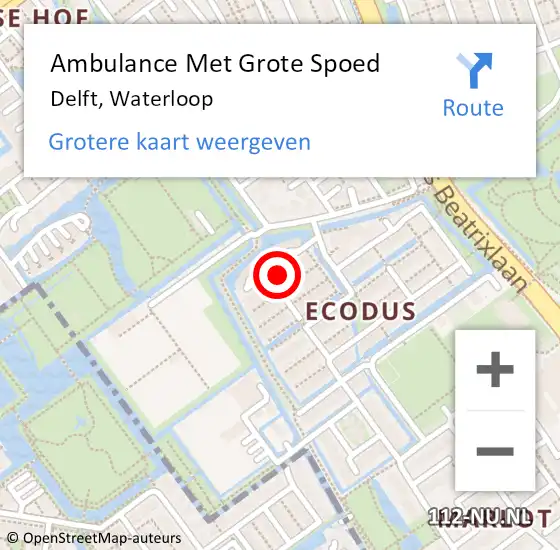 Locatie op kaart van de 112 melding: Ambulance Met Grote Spoed Naar Delft, Waterloop op 26 april 2024 20:17