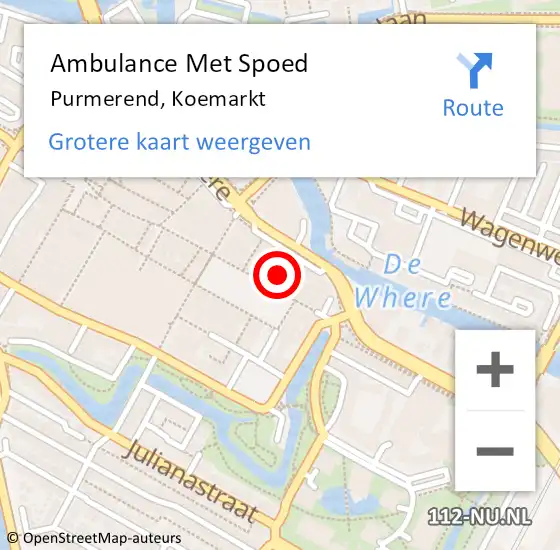 Locatie op kaart van de 112 melding: Ambulance Met Spoed Naar Purmerend, Koemarkt op 26 april 2024 22:24