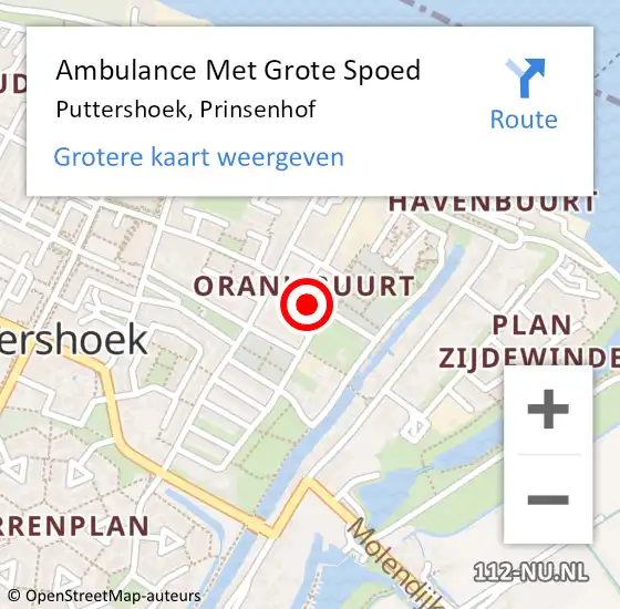Locatie op kaart van de 112 melding: Ambulance Met Grote Spoed Naar Puttershoek, Prinsenhof op 26 april 2024 22:50