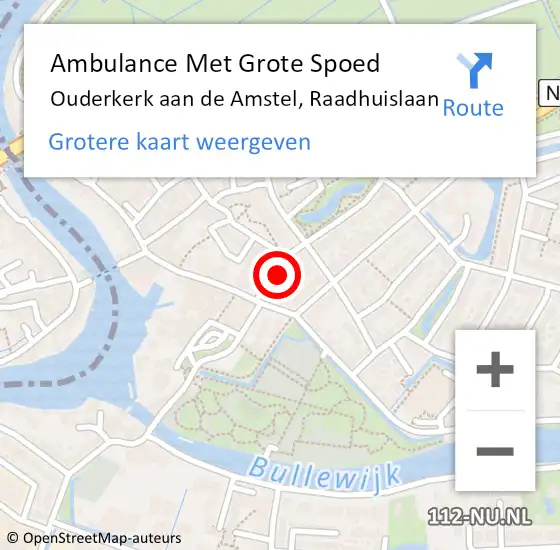 Locatie op kaart van de 112 melding: Ambulance Met Grote Spoed Naar Ouderkerk aan de Amstel, Raadhuislaan op 26 april 2024 23:46