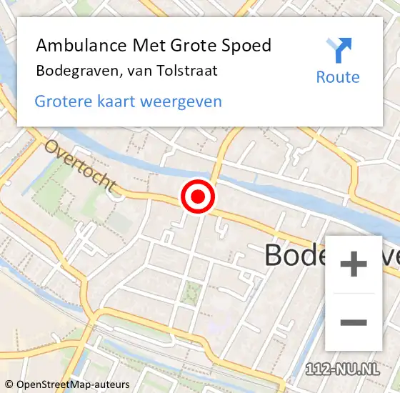Locatie op kaart van de 112 melding: Ambulance Met Grote Spoed Naar Bodegraven, van Tolstraat op 27 april 2024 02:38