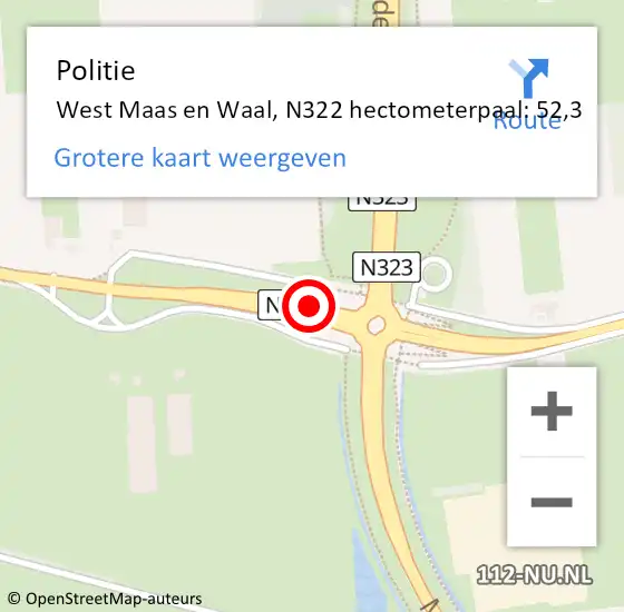 Locatie op kaart van de 112 melding: Politie West Maas en Waal, N322 hectometerpaal: 52,3 op 27 april 2024 03:34