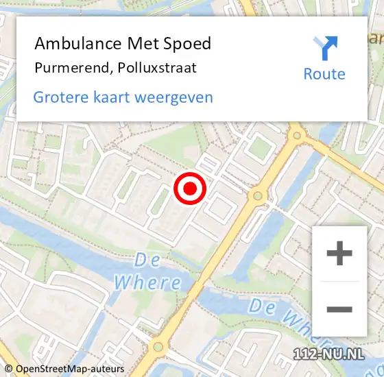 Locatie op kaart van de 112 melding: Ambulance Met Spoed Naar Purmerend, Polluxstraat op 27 april 2024 07:45
