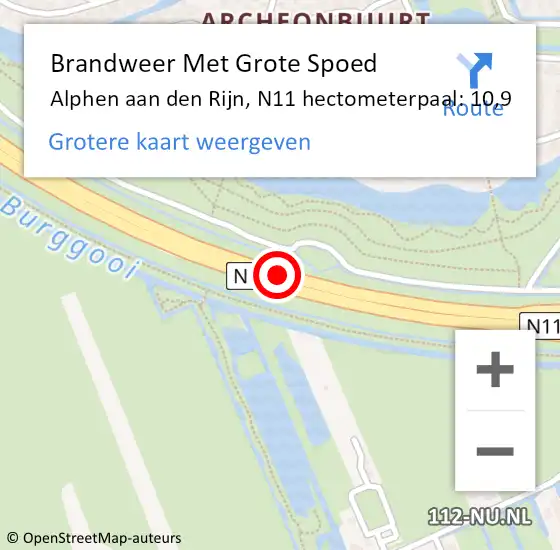 Locatie op kaart van de 112 melding: Brandweer Met Grote Spoed Naar Alphen aan den Rijn, N11 hectometerpaal: 10,9 op 27 april 2024 07:54