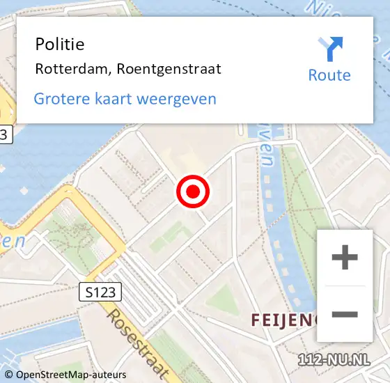 Locatie op kaart van de 112 melding: Politie Rotterdam, Roentgenstraat op 27 april 2024 09:15