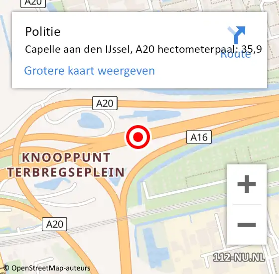 Locatie op kaart van de 112 melding: Politie Capelle aan den IJssel, A20 hectometerpaal: 35,9 op 27 april 2024 09:32