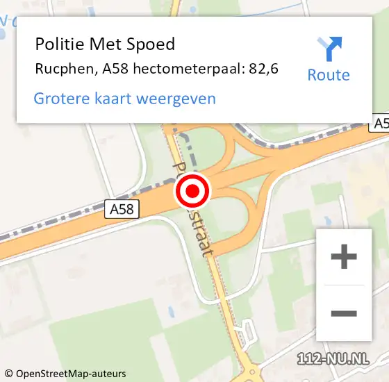 Locatie op kaart van de 112 melding: Politie Met Spoed Naar Rucphen, A58 hectometerpaal: 82,6 op 27 april 2024 14:42