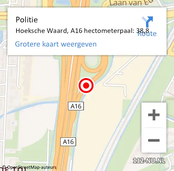 Locatie op kaart van de 112 melding: Politie Hoeksche Waard, A16 hectometerpaal: 38,8 op 27 april 2024 14:51
