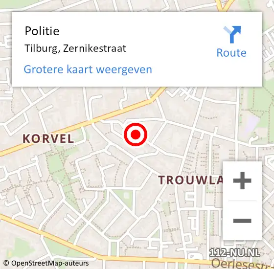 Locatie op kaart van de 112 melding: Politie Tilburg, Zernikestraat op 4 oktober 2014 23:34