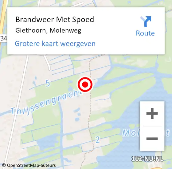 Locatie op kaart van de 112 melding: Brandweer Met Spoed Naar Giethoorn, Molenweg op 10 oktober 2014 19:04