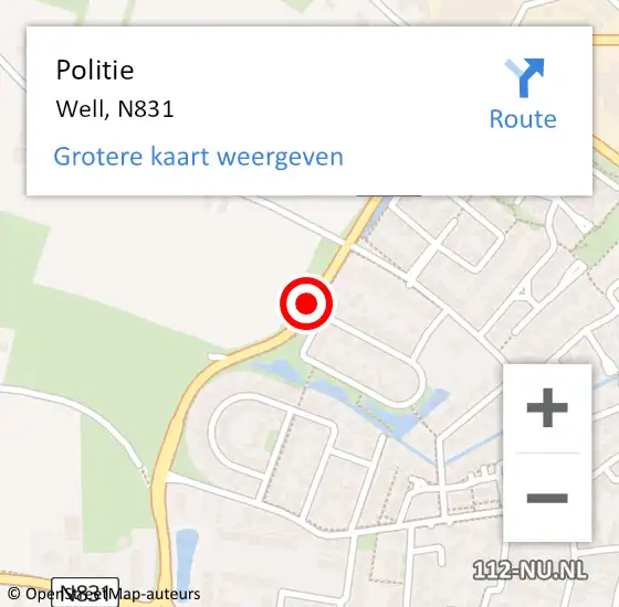 Locatie op kaart van de 112 melding: Politie Well, N831 op 15 oktober 2014 17:59