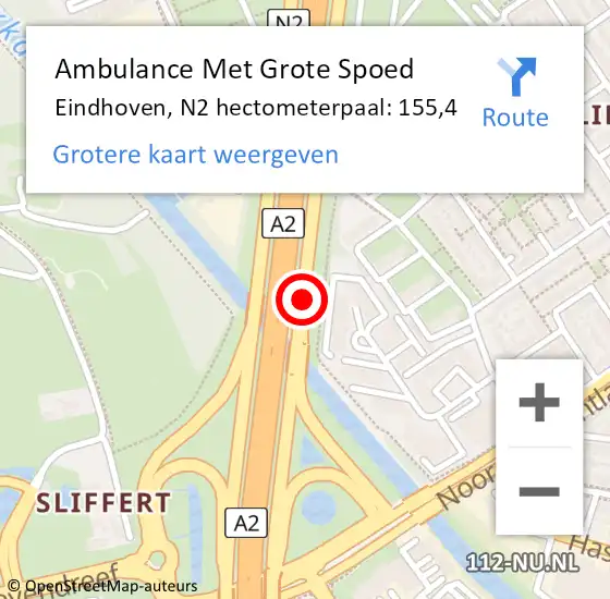 Locatie op kaart van de 112 melding: Ambulance Met Grote Spoed Naar Eindhoven, N2 hectometerpaal: 158,6 op 20 oktober 2014 18:18