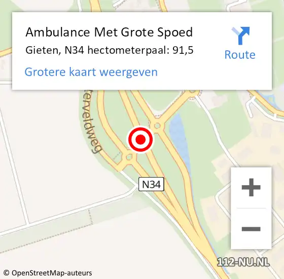 Locatie op kaart van de 112 melding: Ambulance Met Grote Spoed Naar Gieten, N34 hectometerpaal: 91,5 op 21 oktober 2014 11:47