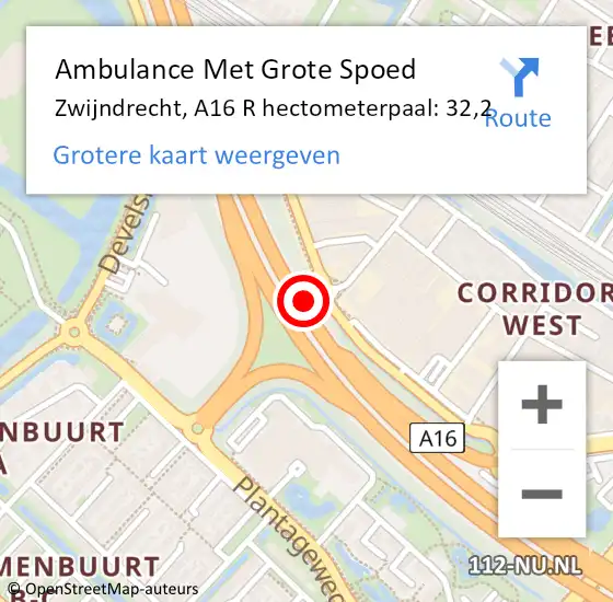 Locatie op kaart van de 112 melding: Ambulance Met Grote Spoed Naar Zwijndrecht, A16 R hectometerpaal: 32,2 op 21 oktober 2014 23:15