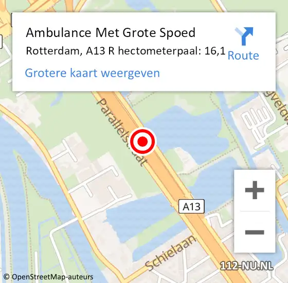 Locatie op kaart van de 112 melding: Ambulance Met Grote Spoed Naar Rotterdam, A13 R hectometerpaal: 16,1 op 24 oktober 2014 13:45