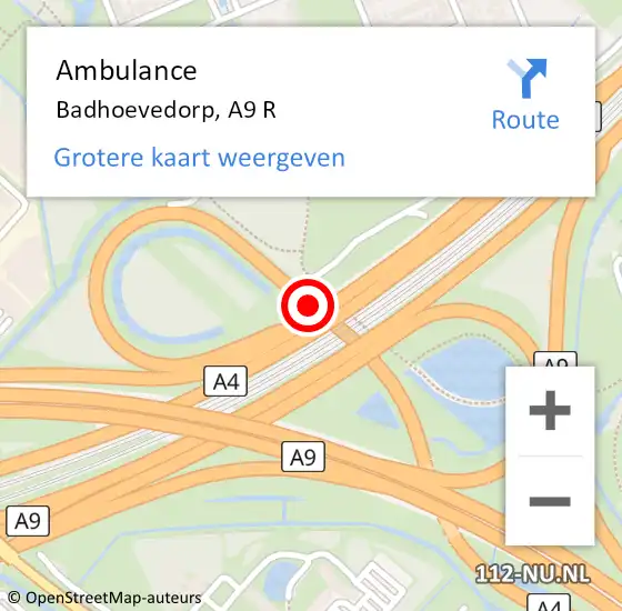 Locatie op kaart van de 112 melding: Ambulance Badhoevedorp, A9 R op 25 oktober 2014 06:42
