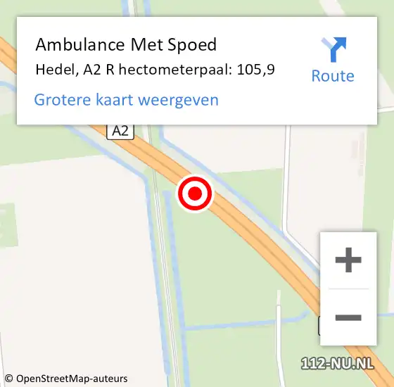 Locatie op kaart van de 112 melding: Ambulance Met Spoed Naar Hedel, A2 R hectometerpaal: 105,9 op 25 oktober 2014 12:31