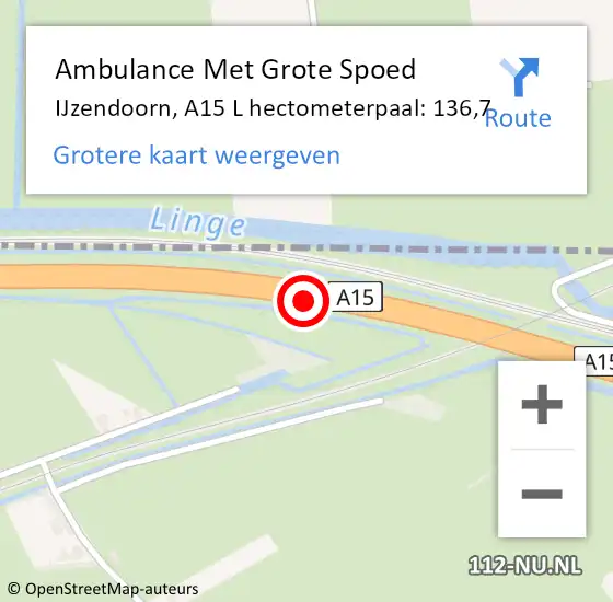 Locatie op kaart van de 112 melding: Ambulance Met Grote Spoed Naar IJzendoorn, A15 L hectometerpaal: 136,7 op 1 november 2014 03:29