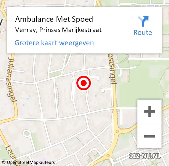 Locatie op kaart van de 112 melding: Ambulance Met Spoed Naar Venray, Prinses Marijkestraat op 10 september 2013 08:01