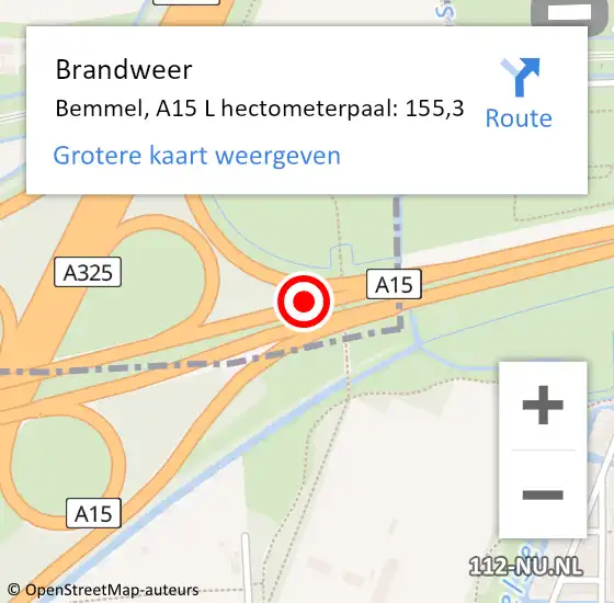 Locatie op kaart van de 112 melding: Brandweer Bemmel, A15 R hectometerpaal: 161,8 op 20 oktober 2013 03:42